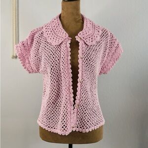 Free People Crochet Cardigan Pink Scalloped Cottagecore Boho NWT XL